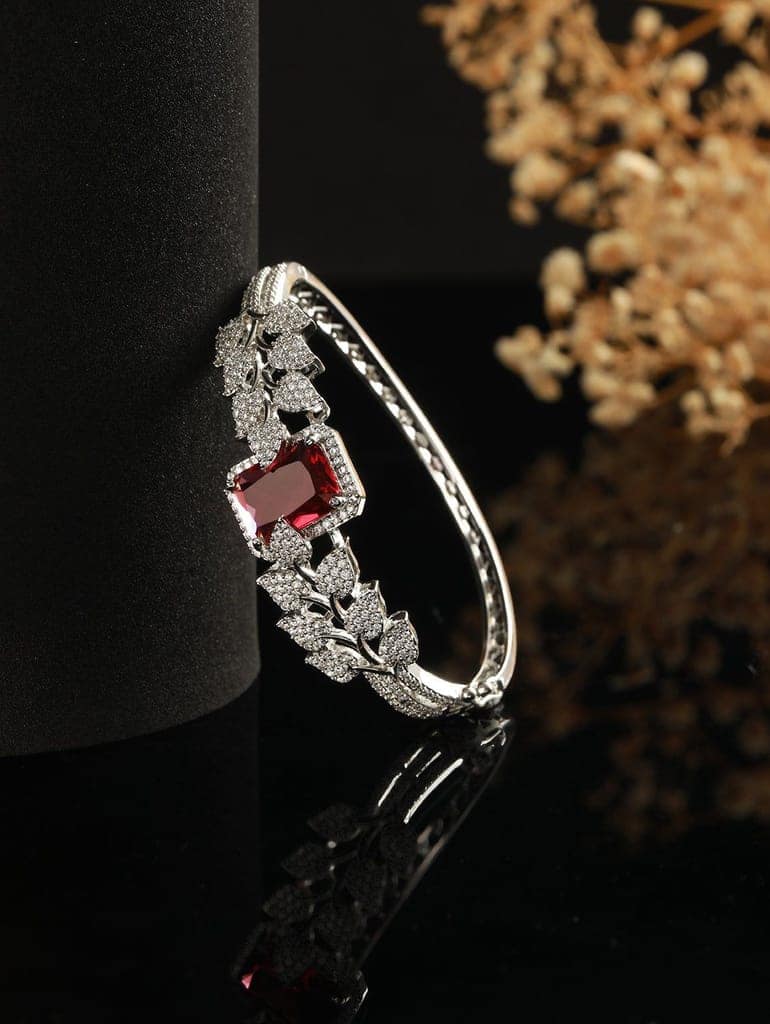 Silver Toned Red AD Studded Statement Handcrafted Bracelet view 2