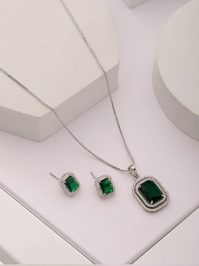Silver Toned Emerald Green AD Studded Rectangular Pendant Jewellery Set