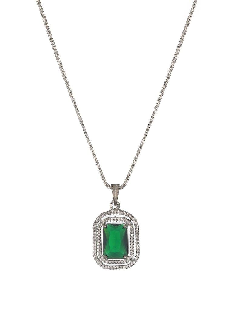 Silver Toned Emerald Green AD Studded Rectangular Pendant Jewellery Set view 7