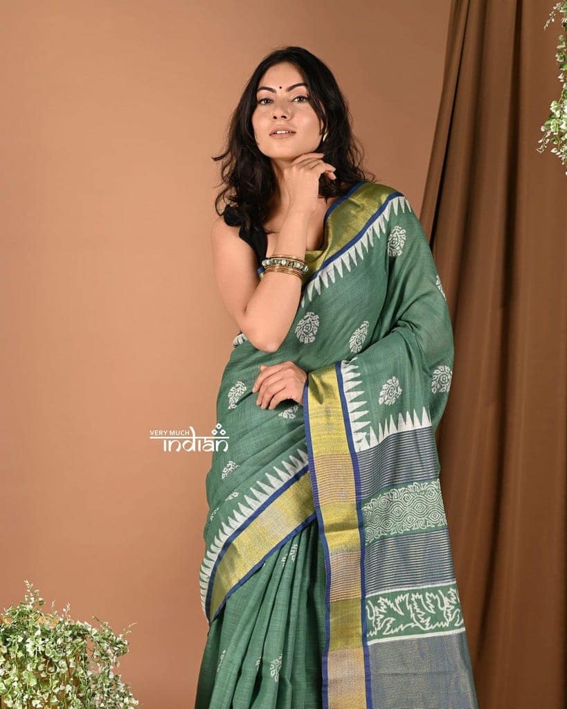 Khadi Handloom - Pure Cotton Handblock Printed Saree - Khaddi Green view 2