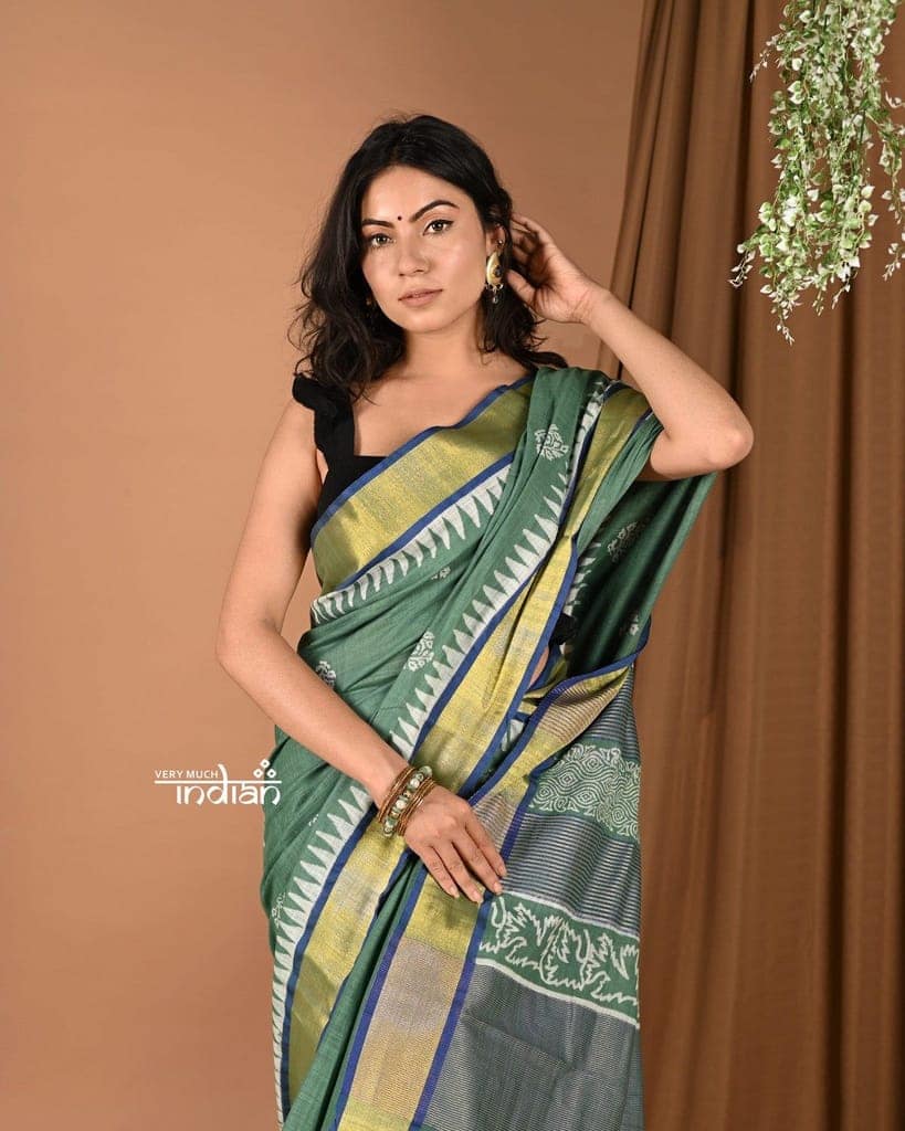 Khadi Handloom - Pure Cotton Handblock Printed Saree - Khaddi Green view 3