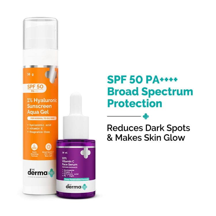 The Derma Co Radiance Combo - 10% Vitamin C Serum & 1% Hyaluronic Sunscreen Gel SPF 50 PA++++