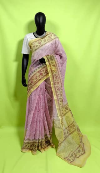 Handwoven Kota Doria Saree in Pink and Yellow with Block Print