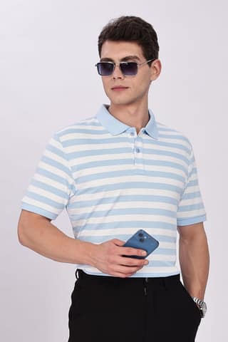 Puff Cotton Sky Blue & White Striped Polo