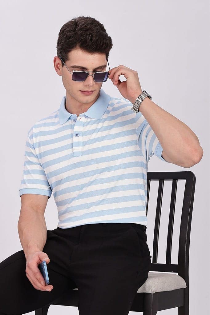 Puff Cotton Sky Blue & White Striped Polo view 6