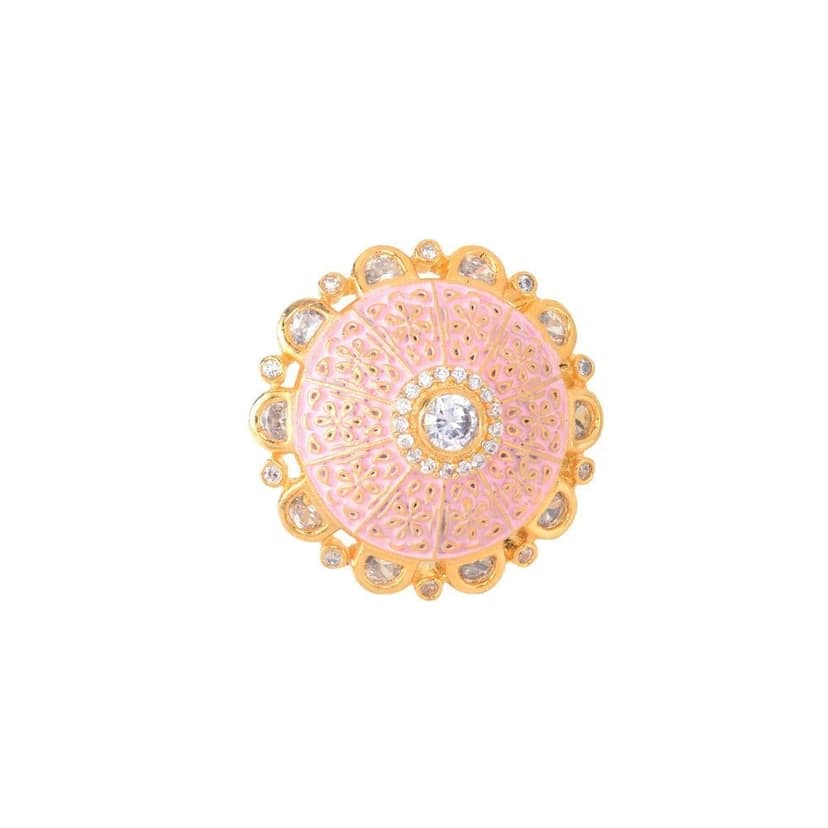 Gold plated Pink colourAmerican Diamond studded handcrafted adjustable Ring for Women & Girls view 2