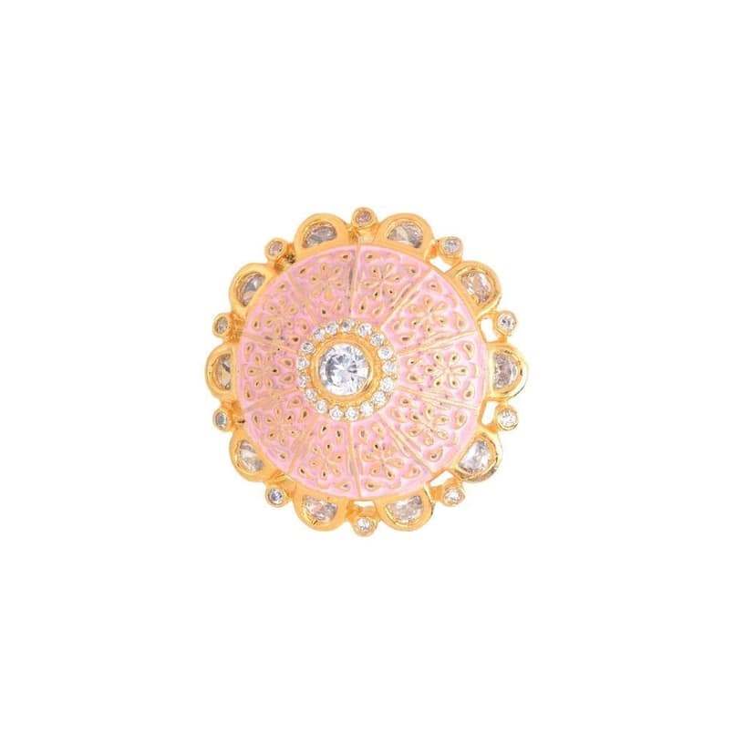 Gold plated Pink colourAmerican Diamond studded handcrafted adjustable Ring for Women & Girls view 5
