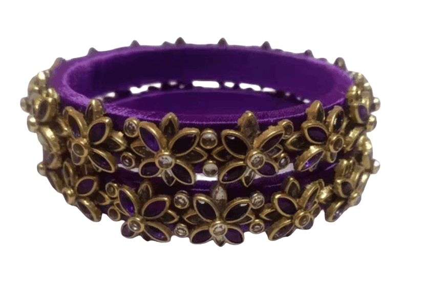 Elegant Purple Floral Stone-Embellished Gold Plated Bangle Set view 2