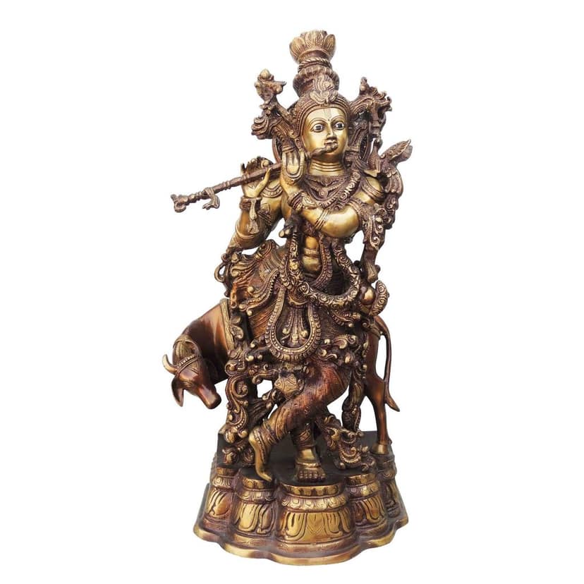 Brass Showpiece Cow With Krishna God Idol Statue (BSMAS583) view 2