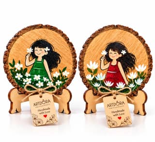 Artdora Handcrafted Mango Wood Table Décor Set of 2 | Hand-Painted Girl & Floral Artwork | Wooden Decorative Showpiece with Stand for Home, Office & Gifting