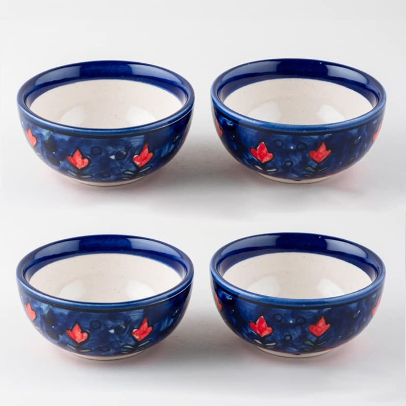 Blooming Plants Red & Blue Ceramic Katori Bowl / Portion Bowl Set of 4 (220 ML)