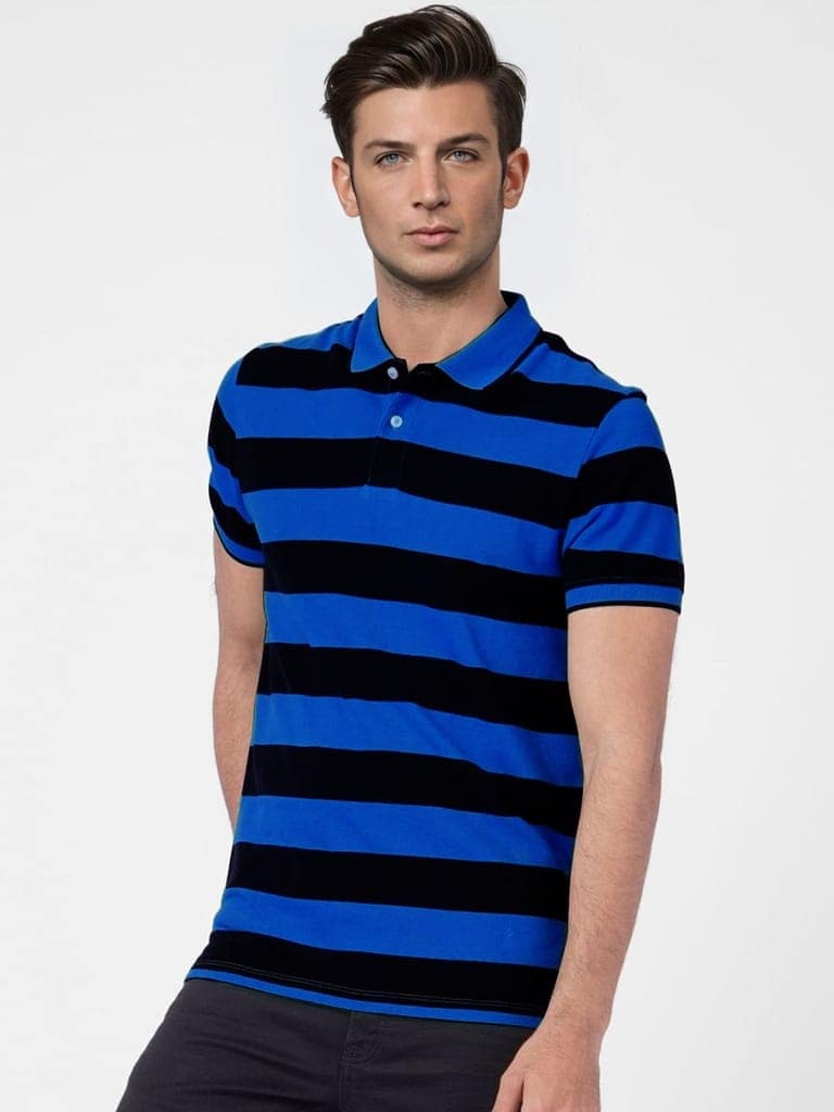 Men Royal Blue and Black thick Stripes regular fit Polo T-Shirt view 2