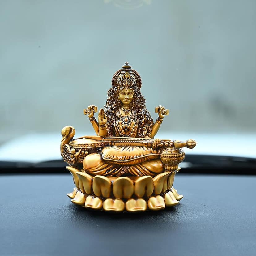 Artarium Auspicious Saraswati Maa Murti Goddess Siddhi Mata Idol Murti Shree Saraswati Resin Mata Statue Decorative Showpiece For Car Dashboard Home Decor Temple Study Room (Lotus Saraswati Ji 4 Inch) view 2