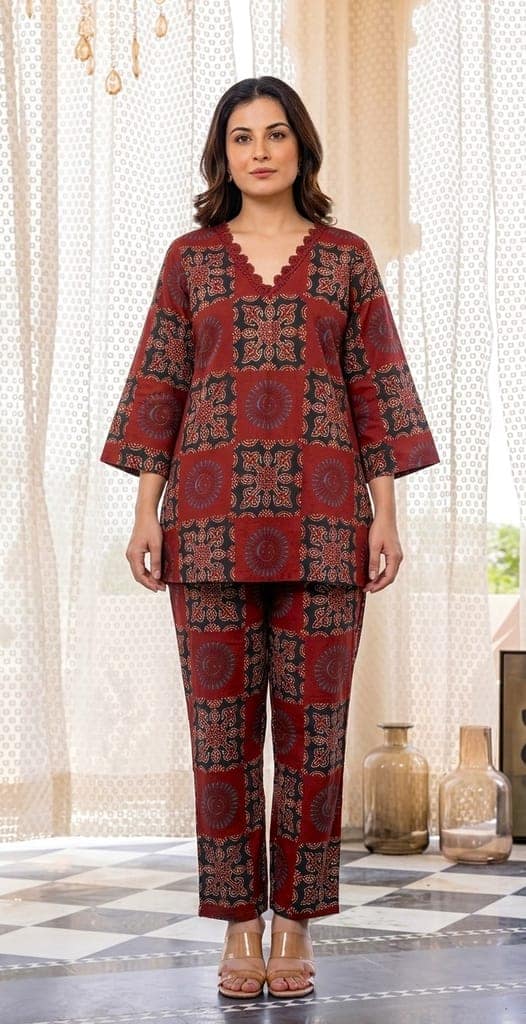 Women's Maroon Kalamkari Print Cotton Co-ord Set with Lace V-Neck view 2