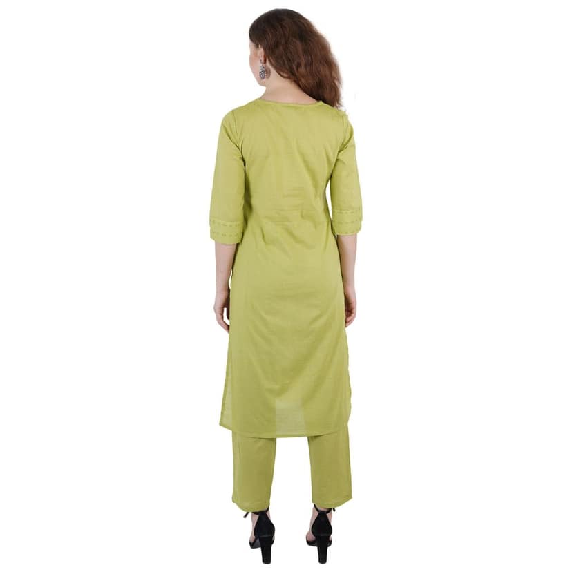 Green Hand Embroidered Cotton Kurti Pant Set view 3