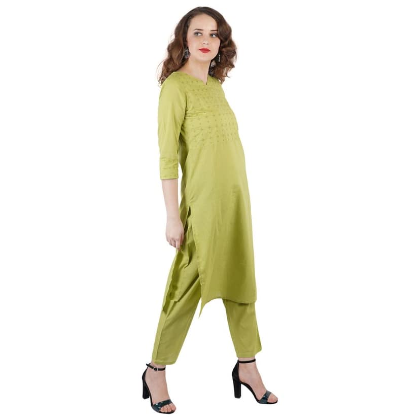 Green Hand Embroidered Cotton Kurti Pant Set view 4