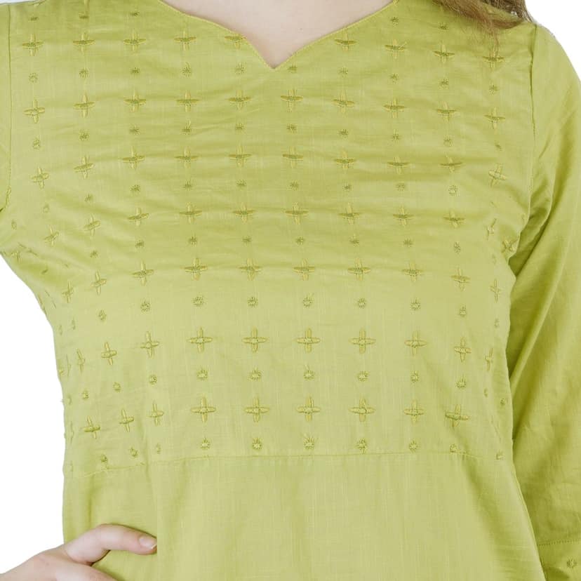 Green Hand Embroidered Cotton Kurti Pant Set view 5