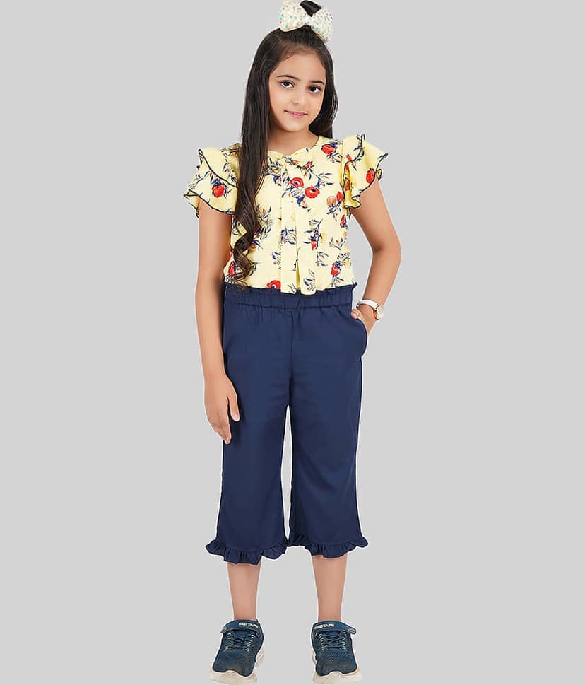 Being Naughty Pack of 1 Girls Polyester Top With Jeans ( Yellow & Blue )