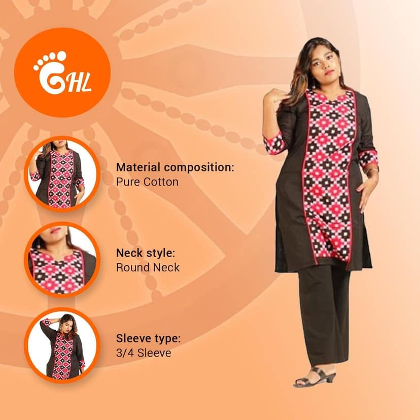 GHL GUENDICHA HAAT Sambalpuri Certified Handloom Pasapali Women's Pure Cotton Kurta view 3