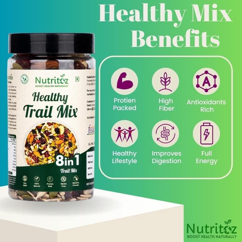 Nutritoz Premium 8 in 1 Healthy Trail Mix with Nuts, Seeds & Berries Packed with Nutrient-Rich Snack Blend with Protein, Fiber, Omega-3, Calcium, Iron and Antioxidants for Weight Management & Active Lifestyle. view 5