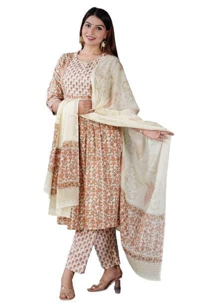 MANMAYEE Women's Badala Work On Yoke Cotton Nyra Cut Kurti with Pant & Dupatta | Nyra Cut Kurti view 7