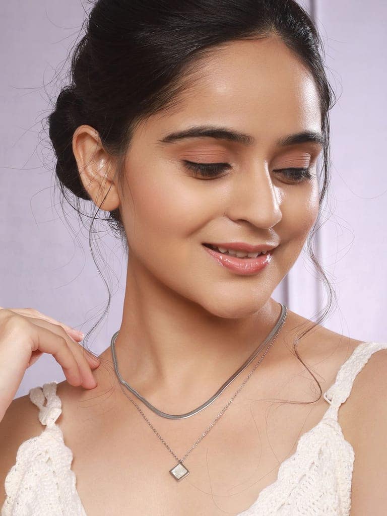 Anti-Tarnish Steel Rhodium Plated layered Snake Chain Faux Pearl Studded Necklace & Chain view 3