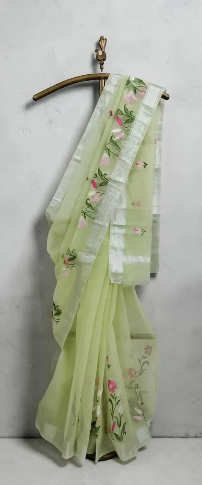 Pistachio Green Kota Doria Saree with Block-Printed Florals and Zari Border view 2