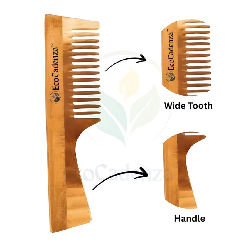 EcoCadenza Neem Wood Hair Comb Set, Full Size, Natural Wood, Handle and Double-Tooth Design for Hair Care and Dandruff Control view 5