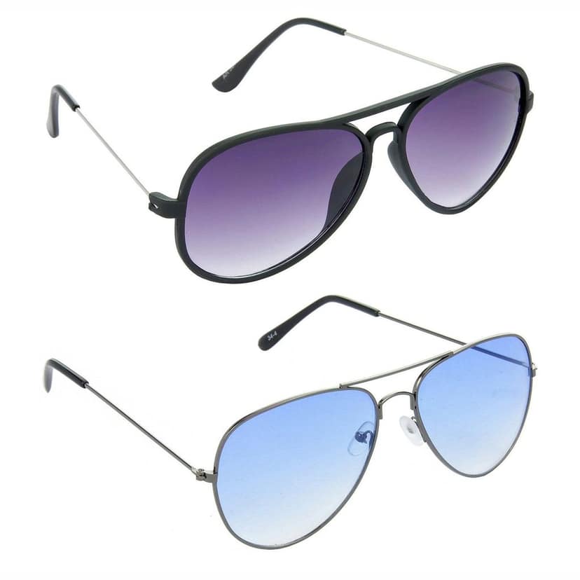 HRINKAR Men Women Boys & Girls Pilot Sunglasses Black & Grey Frame, Violet & Blue Lens (Medium) Pack of - 2