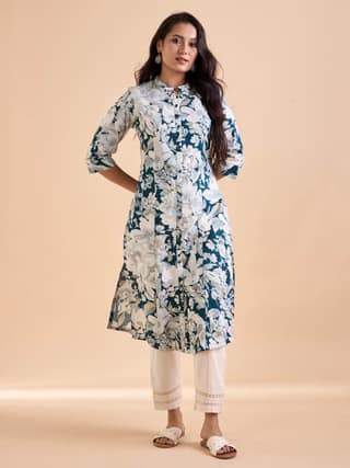 Teal Blue Pure Cotton Printed Kurti