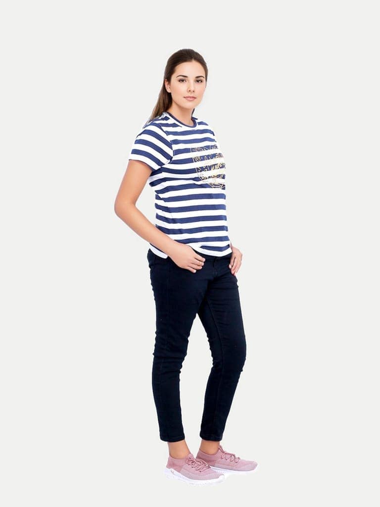 Women Blue Striped Printed T-shirt view 2