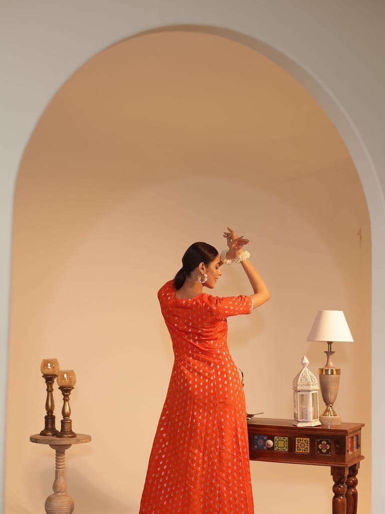 Vibrant Orange Silk-Georgette Anarkali Kurta | Silver Butti & Zari view 2