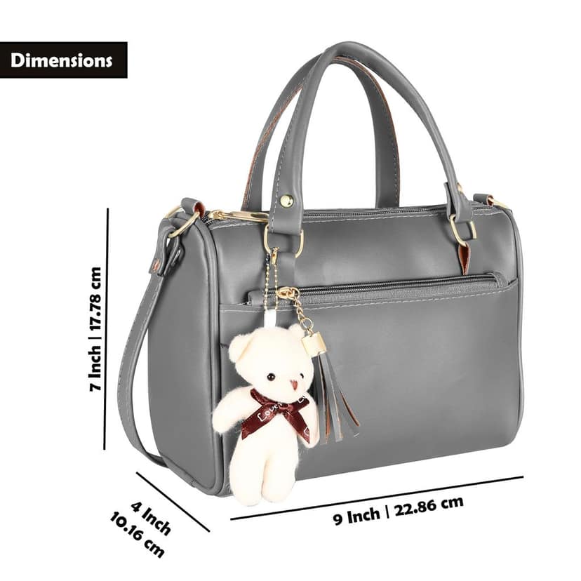 Grey Luxurious Faux Leather Handbag With Teddy Bear For Women And Girls HB19 view 2