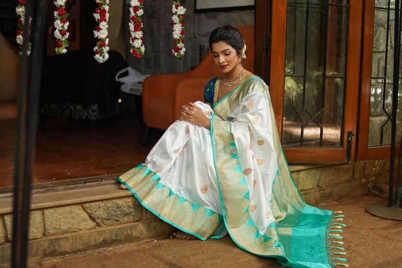 White Banarasi Katan Silk Saree with Teal Contrast and Zari Motifs | SILK MARK CERTIFIED view 4