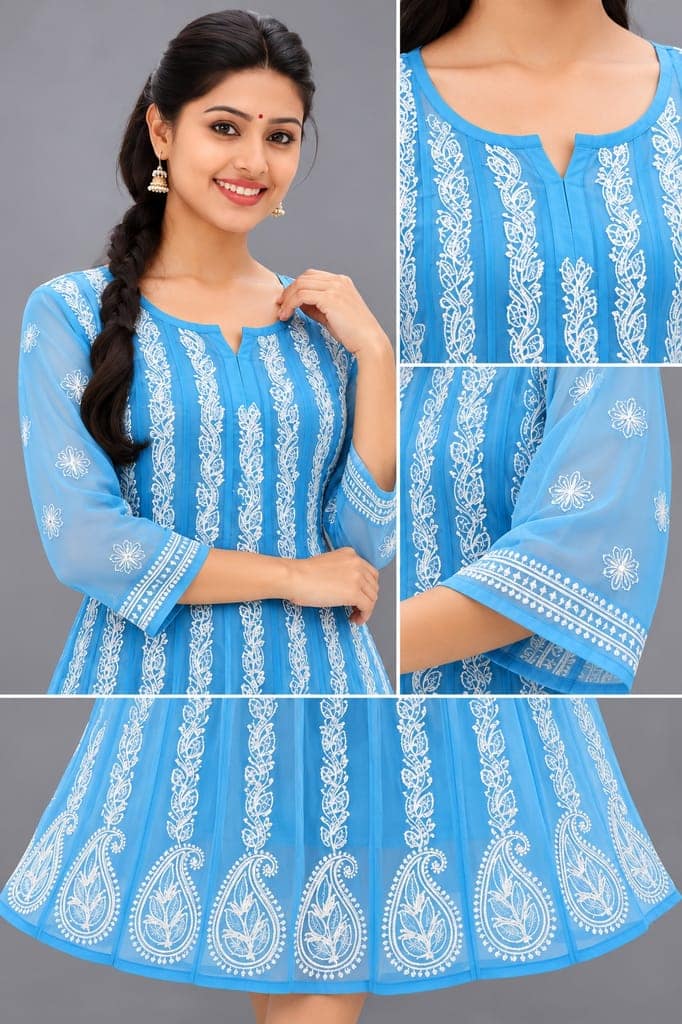 Mrs Right Women’s Lucknowi Chikankari Anarkali Kurta in Soft Georgette | Handcrafted Floral Embroidery | 3/4 Sleeves | 45 Inch Length | 74 Inch Flare | Festive Ethnic Wear view 2