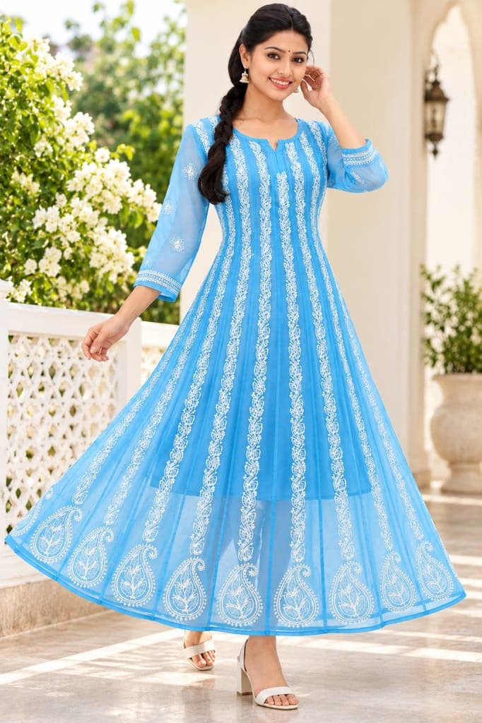 Mrs Right Women’s Lucknowi Chikankari Anarkali Kurta in Soft Georgette | Handcrafted Floral Embroidery | 3/4 Sleeves | 45 Inch Length | 74 Inch Flare | Festive Ethnic Wear view 5