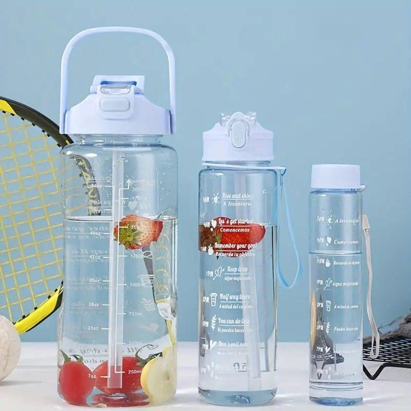 3-in-1 Motivational Water Bottle Combo Set (2000ML, 1000ML, 500ML) | Leakproof BPA-Free Bottles with Time Marker, Straw & Sipper | Gym, Office, Travel, Sports Bottles (Transparent, Durable)