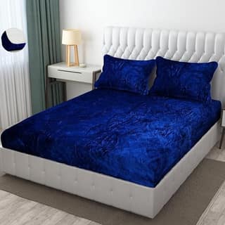 Brevard International Double Bed Bedsheet | 190 GSM Flannel Super Soft Warm Elastic Fitted | With 2 Pillow Covers for Winters - 72x78x8 Inches, Navy Blue