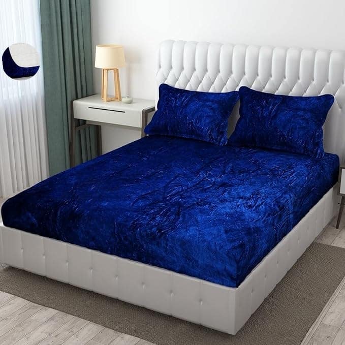 Brevard International Double Bed Bedsheet | 190 GSM Flannel Super Soft Warm Elastic Fitted | With 2 Pillow Covers for Winters - 72x78x8 Inches, Navy Blue