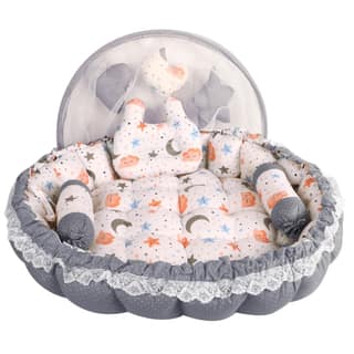 LOREM Multicolor 3 Pillow with Mosquito Protection Net & Round Shape Cotton Baby Bed for 0-1 Year BB19-21