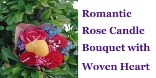 Romantic Rose Candle Bouquet - Unique Gift Idea with Pink & Red Rose-Shaped Candles, Blue & White Flowers, and Woven Yellow Heart, Wrapped in Elegant Paper