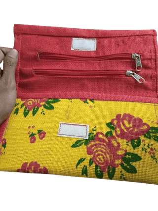 Handmade Jute Clutch with Dual Zipper Compartment and Floral Print