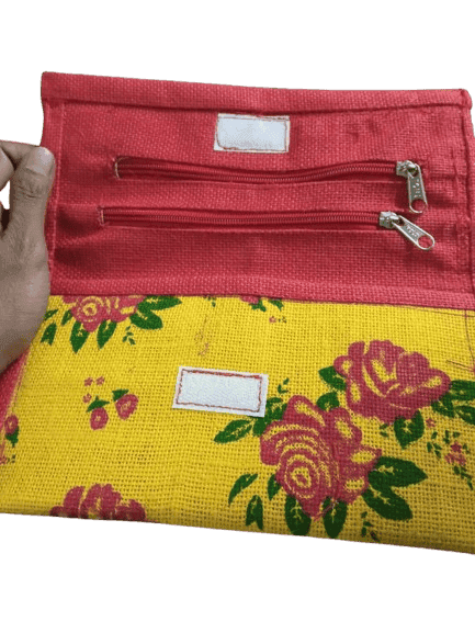 Handmade Jute Clutch with Dual Zipper Compartment and Floral Print