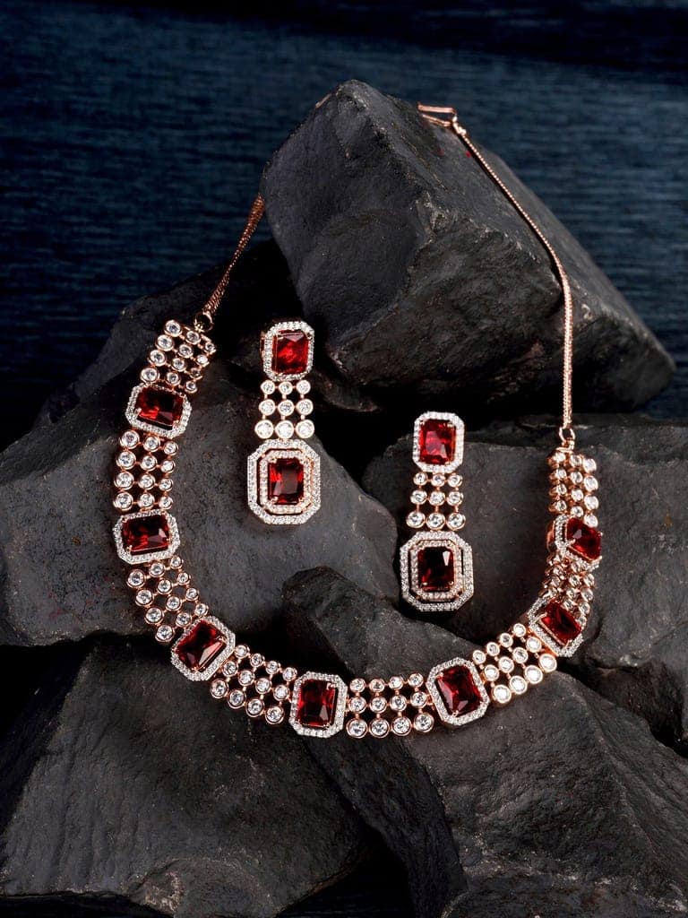 Rose Gold Plated White & Red AD Studded Contemporary Necklace Jewellery Set view 2