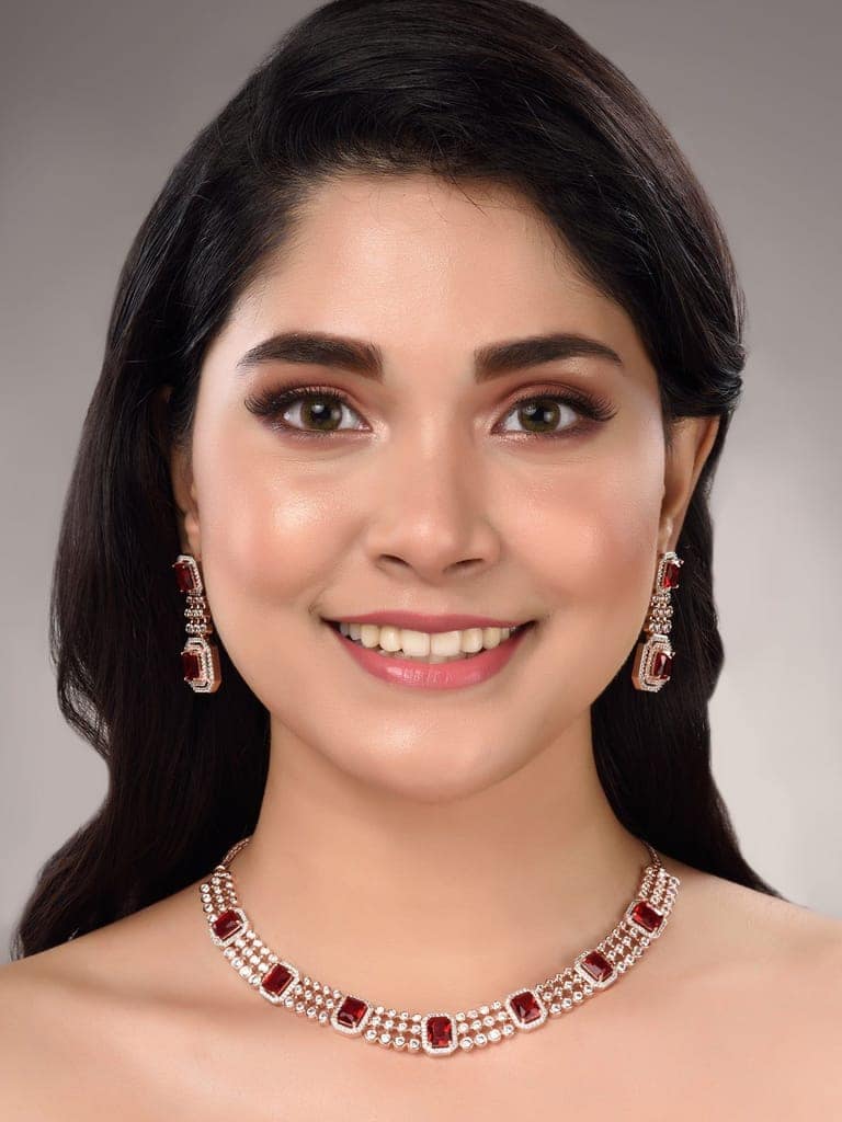 Rose Gold Plated White & Red AD Studded Contemporary Necklace Jewellery Set view 3