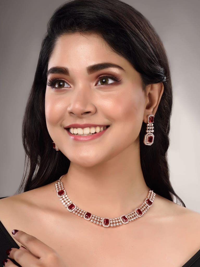 Rose Gold Plated White & Red AD Studded Contemporary Necklace Jewellery Set view 4