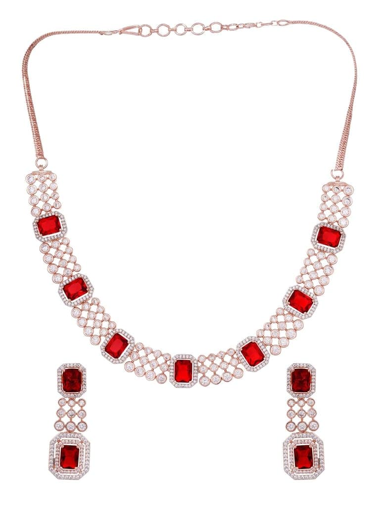 Rose Gold Plated White & Red AD Studded Contemporary Necklace Jewellery Set view 5