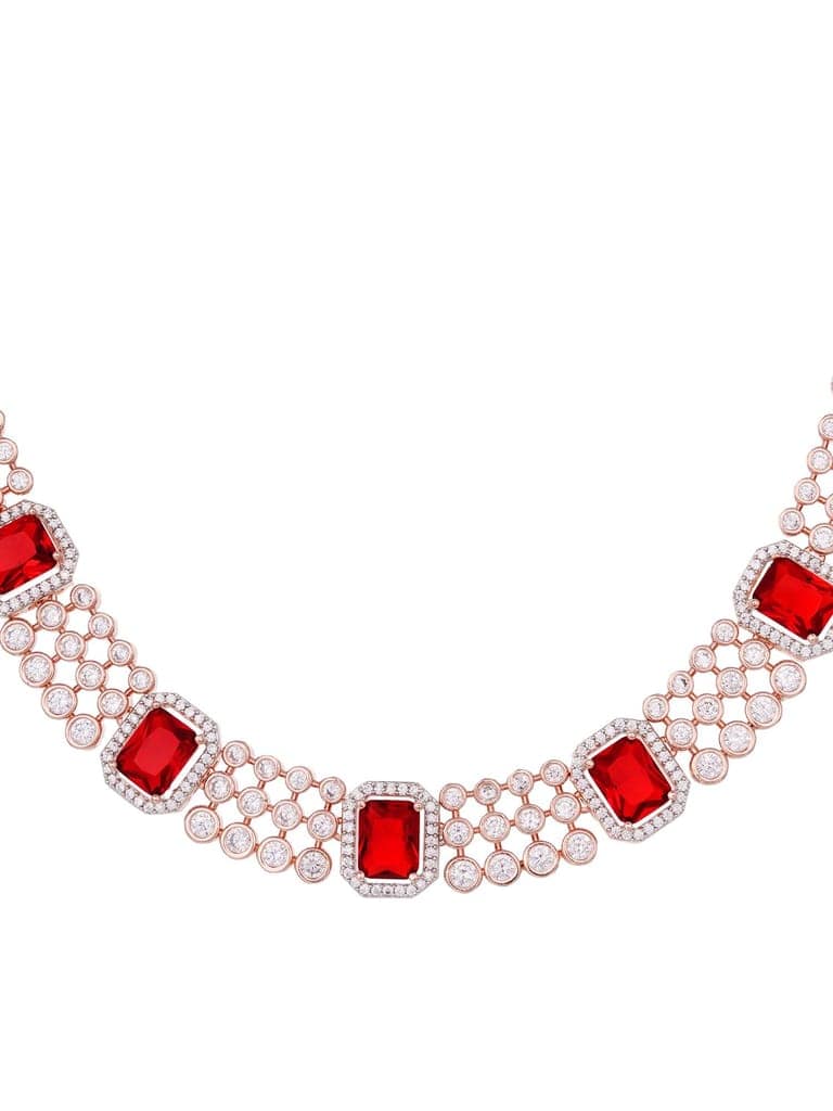 Rose Gold Plated White & Red AD Studded Contemporary Necklace Jewellery Set view 6