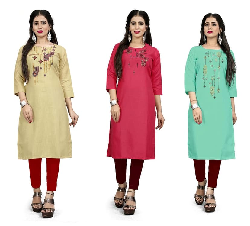 STYLEOO Ruby Slub Embroidered Straight Kurta/kurties for Women and Girls Pack of 3, CREAM, LIGHT GREEN & PINK,(M, L, XL, XXL) view 5