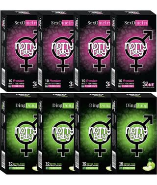 NottyBoy Multi Textured Dotted, Ribbed, Contour Condoms (Set of 8, 80 Sheets)